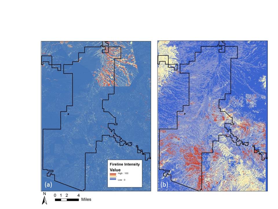 Standardized map of fireline intensity derived from LANDFIRE products (a) and the custom-derived fuel model (b). 