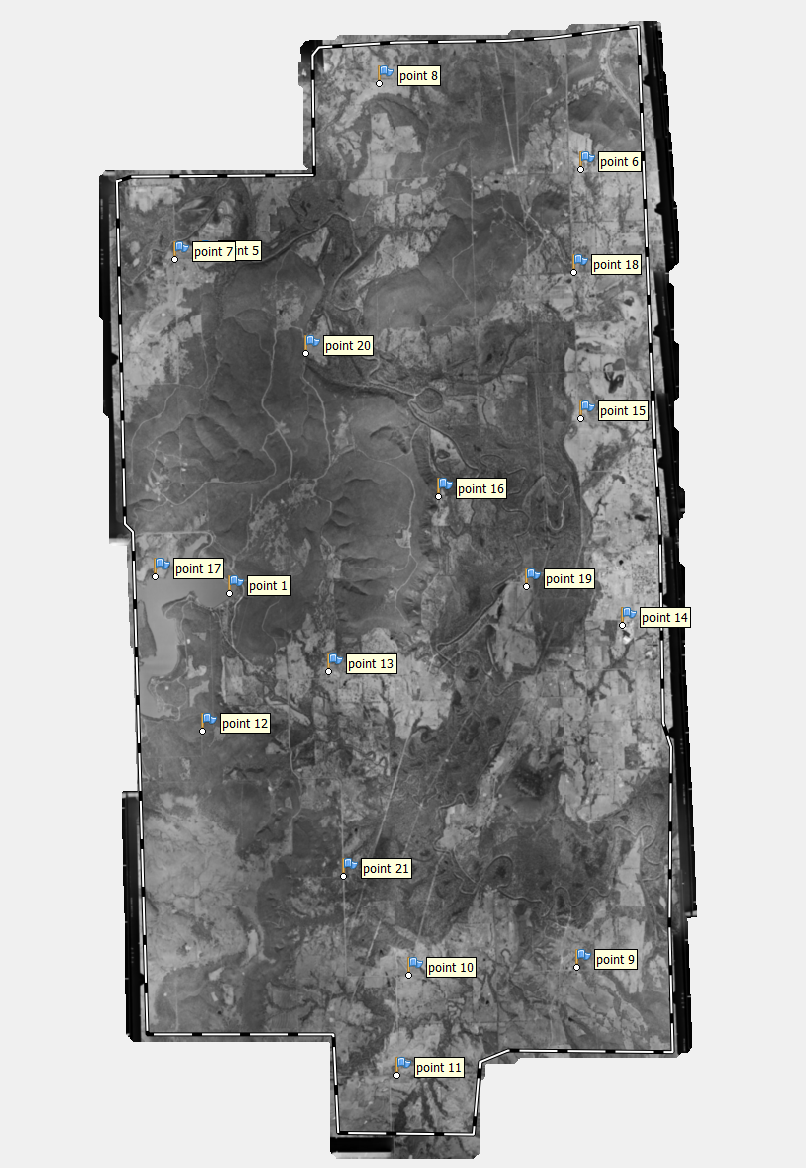 Orthomosaic created from historical imagery and ground control points used for georeferencing.