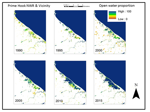 Maps depicting the proportion of times each year that a location was classified as “open water”.  These images show an increase in perennially inundated land at the expense of vegetated wetland habitat in the Prime Hook National Wildlife Refuge, Delaware. Continued systematic collection and processing of remotely sensed data to standard, publicly available products will help managers efficiently assess whether restoration actions are producing intended results.