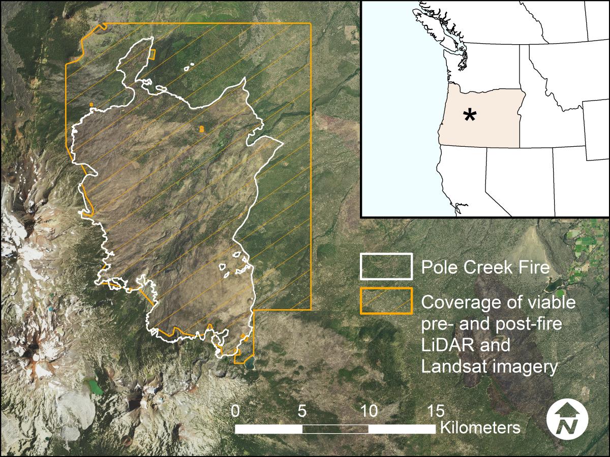 Location of Pole Creek Fire in central Oregon and the overlap of viable lidar and Landsat imagery (from McCarley et al.).