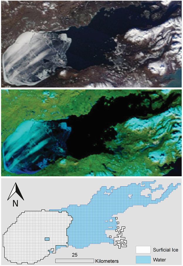 MODIS images of Lake Iliamna February 25, 2015, with 48% ice cover. True color (bands 1,4,3) (top), NIR and SWIR (bands 7,2,1) (middle), and estimation of total ice cover using 1-km2 grid masked to the lake’s margin (bottom).