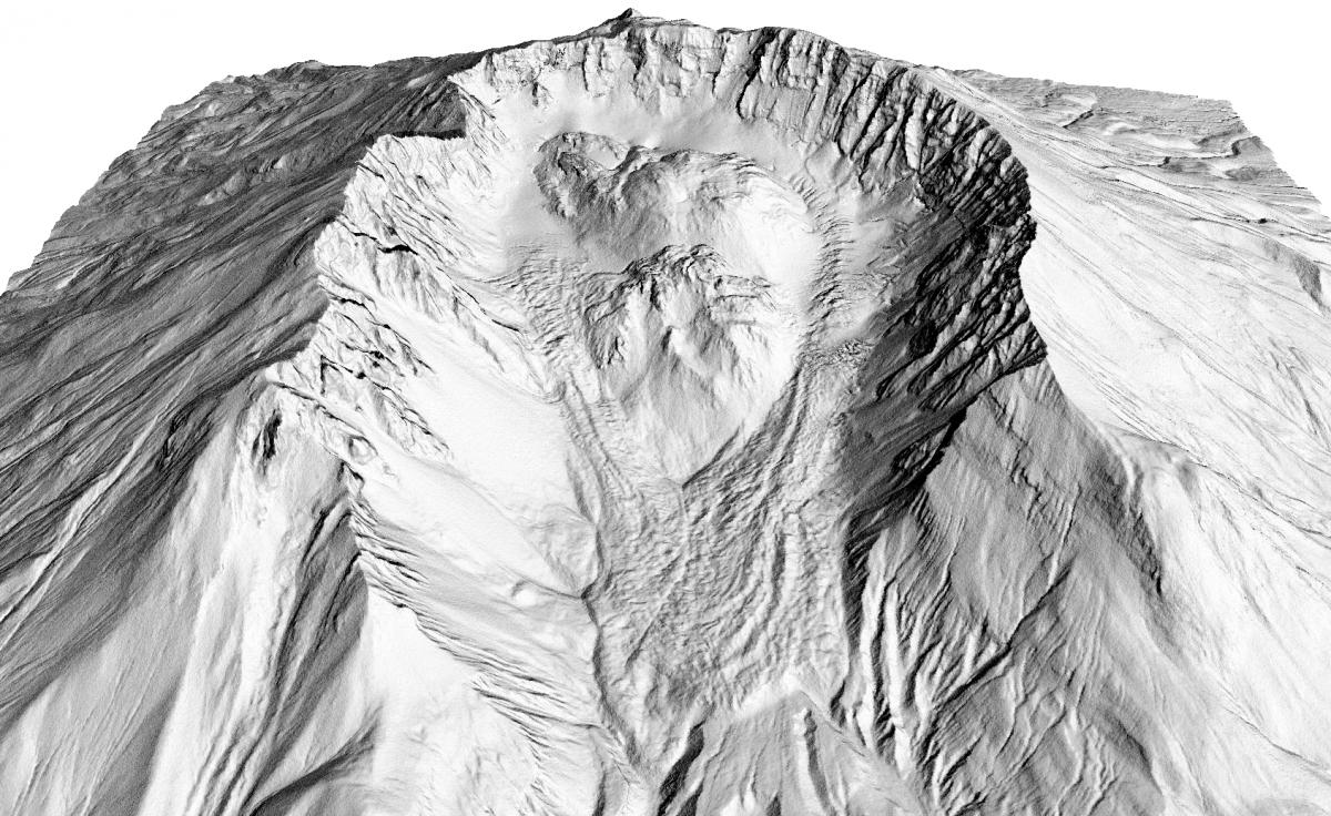 Perspective view, looking to the south into the crater of Mount St. Helens.  The distance between the east and west crater rims is approximately 2 km (~6,500 ft).  The shaded relief image created from a high-resolution (1-m) digital elevation model (DEM) shows the detailed morphology of the crater walls, lava domes, and glacier of Mount St. Helens.  The DEM was created by photogrammetry methods utilizing oblique aerial photographs acquired via helicopter in September 2015.