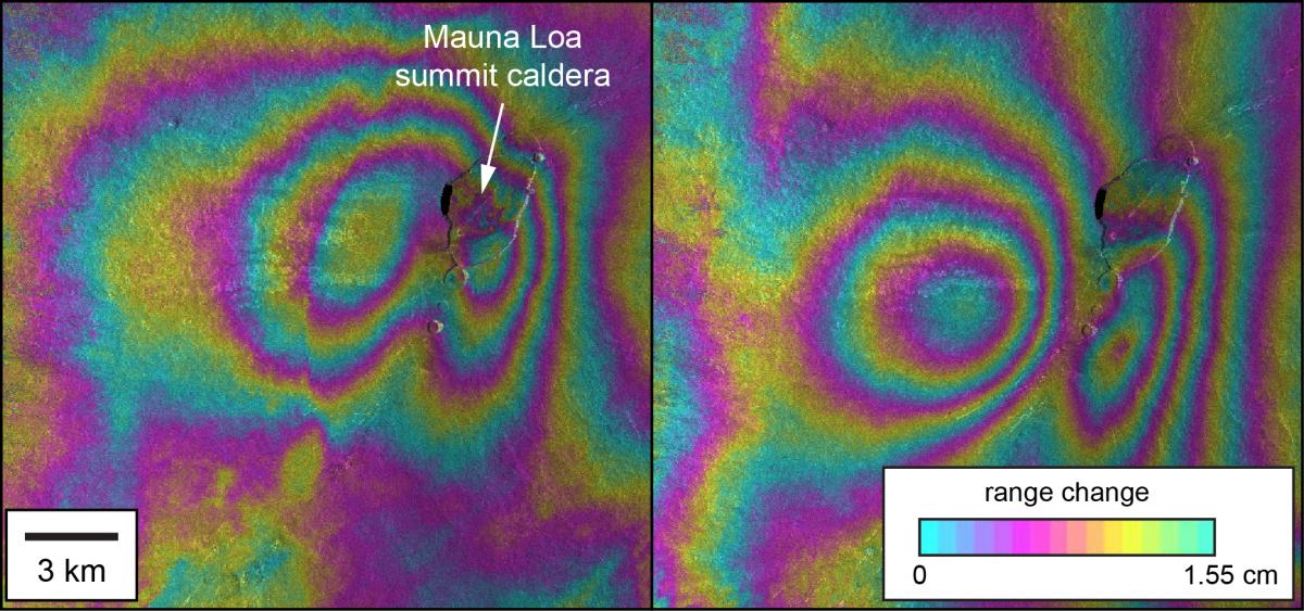 Interferograms from COSMO–SkyMed synthetic aperture radar data showing surface deformation spanning October 25, 2014 – June 22, 2015 (left) and June 22, 2015 – May 23, 2016 (right).  The butterfly pattern of fringes reflects magma accumulation in an elongated reservoir that runs along the length of the caldera at a depth of about 3–5 km beneath the surface.  The deformation pattern is shifted to the south in the more recent image with respect to the older one, reflecting a change in the pattern of magma accumulation over time.  These data were supplied as part of the global Group on Earth Observations Supersite initiative and would not otherwise have been available.