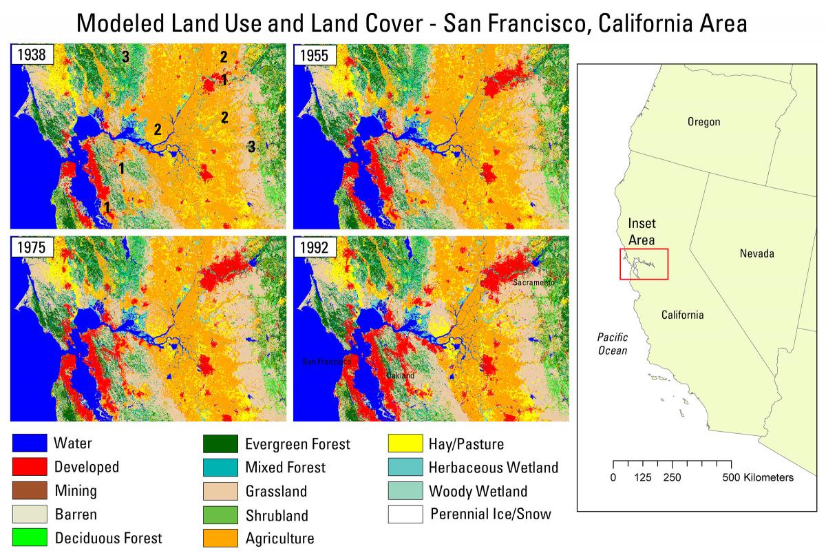 Modeled land use and land cover from 1938–1992 in the San Francisco, California, area. The inset area is approximately 125 x 90 miles. 