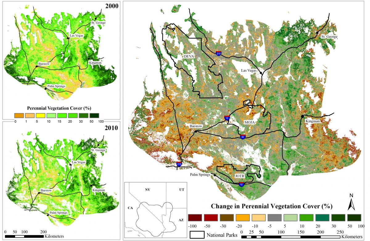 Perennial vegetation cover between 2000 and 2010 in the Mojave Desert has changed substantially due to prolonged drought and land use effects. USGS research is helping managers understand ecological drought and its implications for ecosystem structure and function. Abbreviations: DEVA, Death Valley National Park; JOTR, Joshua Tree National Park; MOJA, Mojave National Preserve.