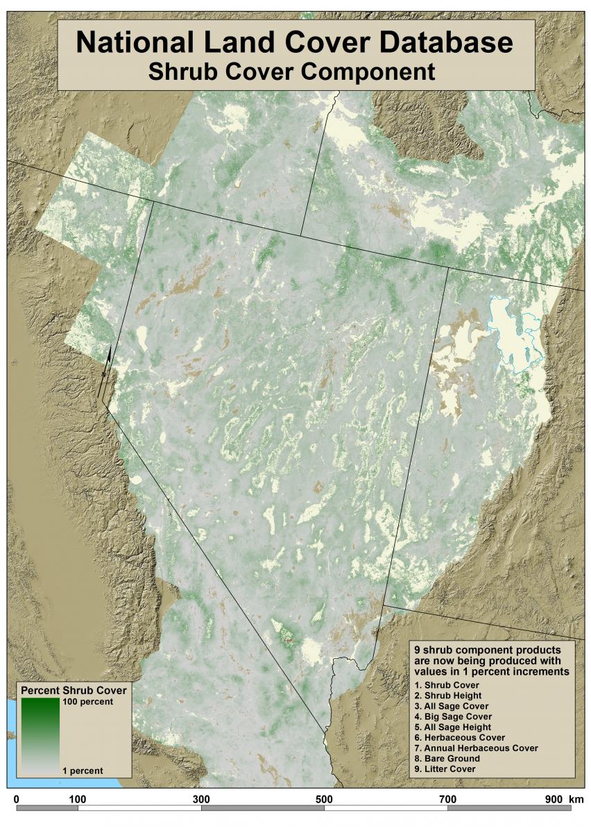 Shrub cover is one of nine components in a suite of products under development by the USGS and BLM. Component proportions are field measured and then extrapolated to satellite imagery pixels. Development of each component product includes independent validation, cross validation, and a spatial absolute error model prediction.