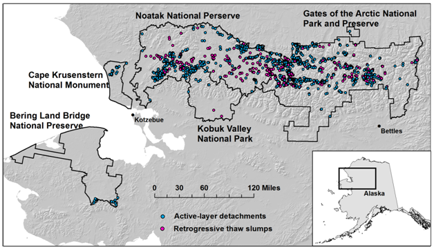 Map showing slumps and small landslides from permafrost thaw in northern Alaska's national parks.