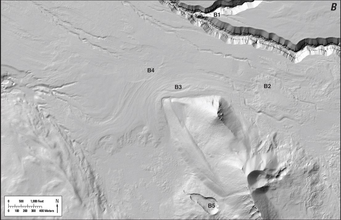 Lidar reveals geologic features beneath the heavily forested Castle Creek area in Crater Lake National Park, Oregon.  Two creeks, Little Castle and Castle, flow through gorges cut into Mount Mazama’s climactic pyroclastic-flow deposit.  At their confluence (B1), the ignimbrite is about 330 ft (100 m) thick.  Many thinner flow deposits have finger-shaped flow lobes (B2).  An extensional rift (B3) at the nose of Castle Point scars the surface of the deposit.  The deposit compacts, because of cooling and settling, and tilts away from the point toward the deposit’s thickest part at the valley center, causing the rift.  A 1-m-tall arcuate scarp (B4) faces west, where the margin of a pyroclastic-flow deposit became unstable, collapsed, and fed a thin secondary pyroclastic-flow to the northwest.  South of Castle Point are crater vents for young basaltic flows, one round and one pear shaped (B5) (Robinson and others, 2012).