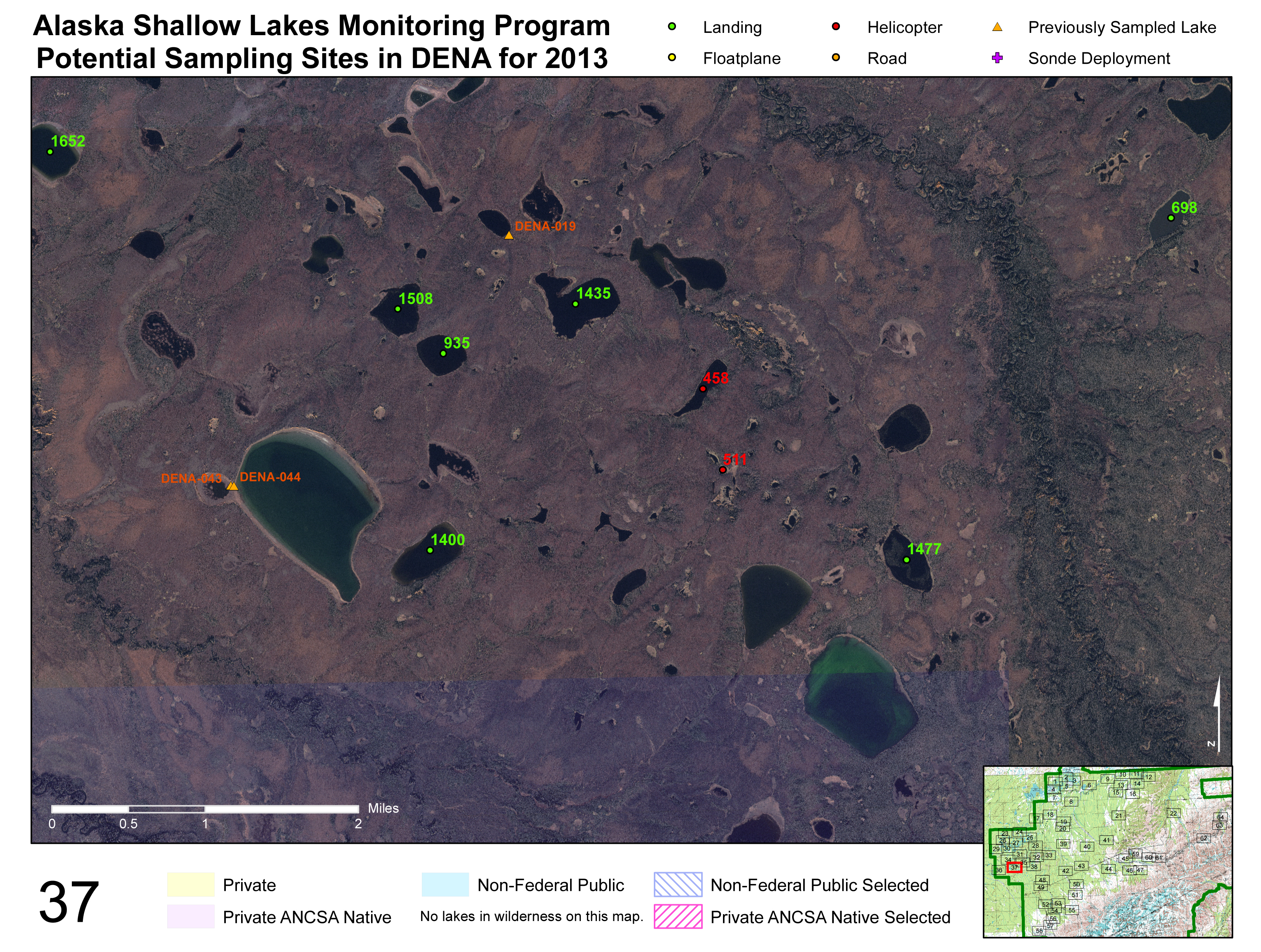An imagery map produced for use in Denali National Park and Preserve during sampling efforts in 2013. Base imagery is IKONOS satellite imagery, the lakes selected for sampling are marked with their identification number and color-coded by access type, previously sampled lakes are marked, and land status layers are included. The map extent (Map 37 in this example) is indicated in red in the index map. 