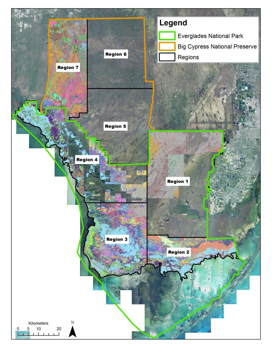 Footprint of the Everglades National Park and Big Cypress National Preserve vegetation mapping project showing mapping regions and progress to date.