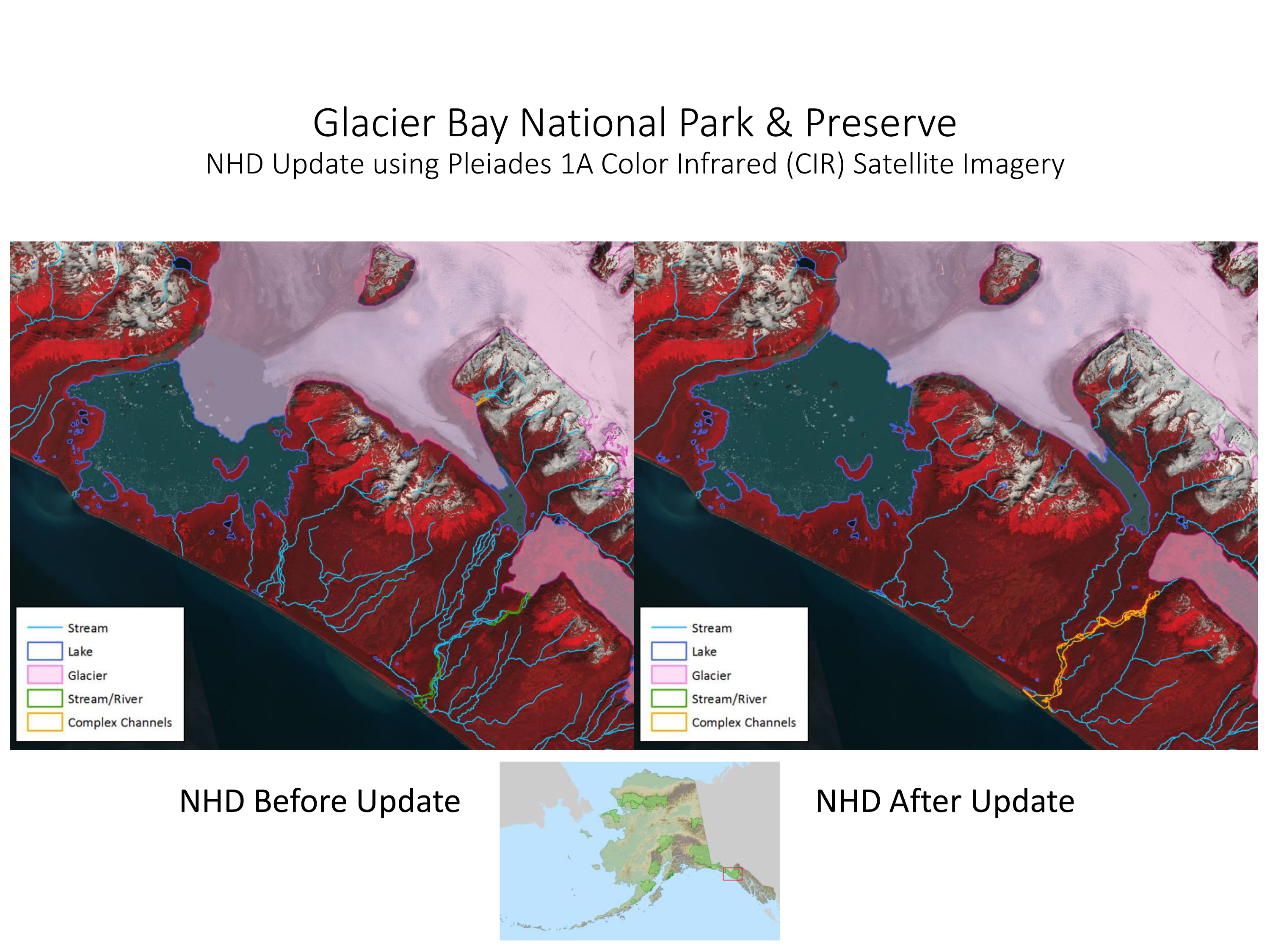 These two images show an area within Glacier Bay National Park and Preserve (GLBA) before (left) and after (right) the National Hydrography Dataset (NHD) data were updated to more accurately depict current hydrographic conditions.
