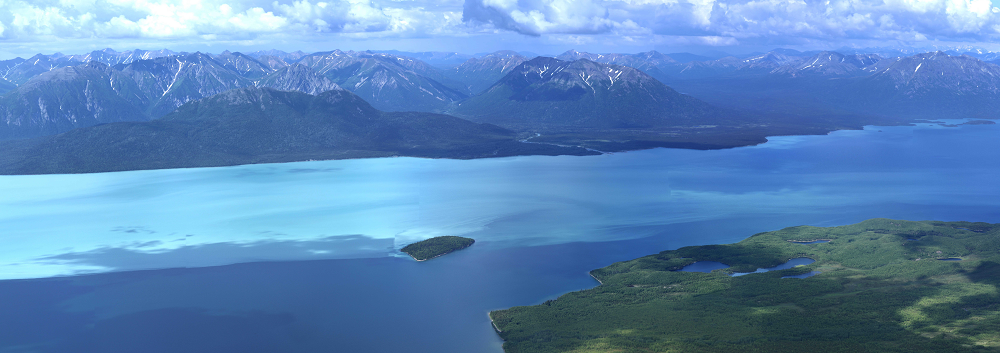 Turbidity in Lake Clark is visible as light blue regions of water containing high suspended sediment concentrations from glacial runoff.