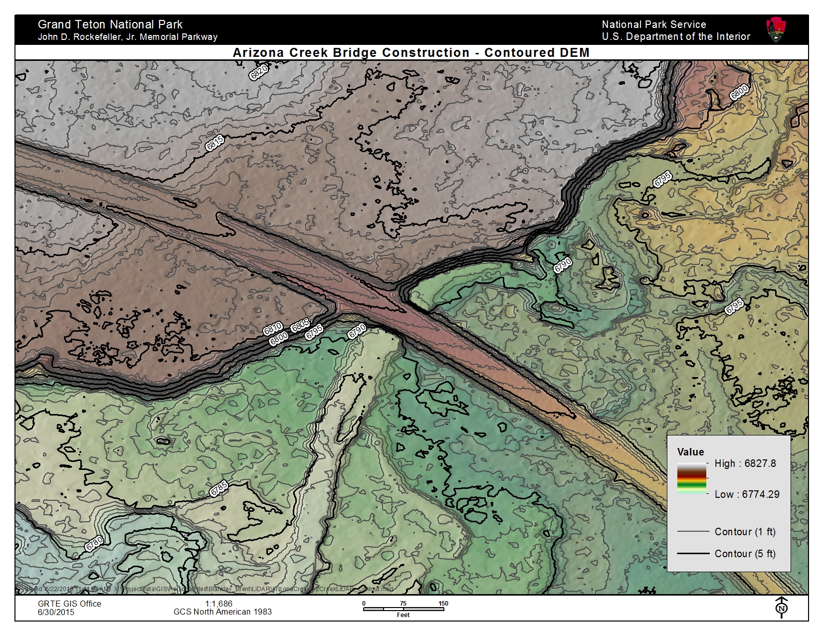 Contour map (1 and 5 foot) of bridge replacement project area (B. Blankley, NPS).