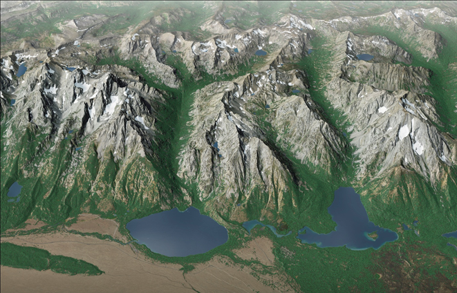 A 3D view of Jenny Lake Trail area, with image facing west. Trailhead is on the south side of Jenny Lake, the round water body seen left-of-center in the lower part of the image. The other large lake to the lower right with a “J” shape is Leigh Lake. The trail circles Jenny Lake, traverses the eastern edge of Leigh Lake, follows both large canyons, and provides access to small lakes perched in the mountains. (T. Patterson, Harpers Ferry Center).