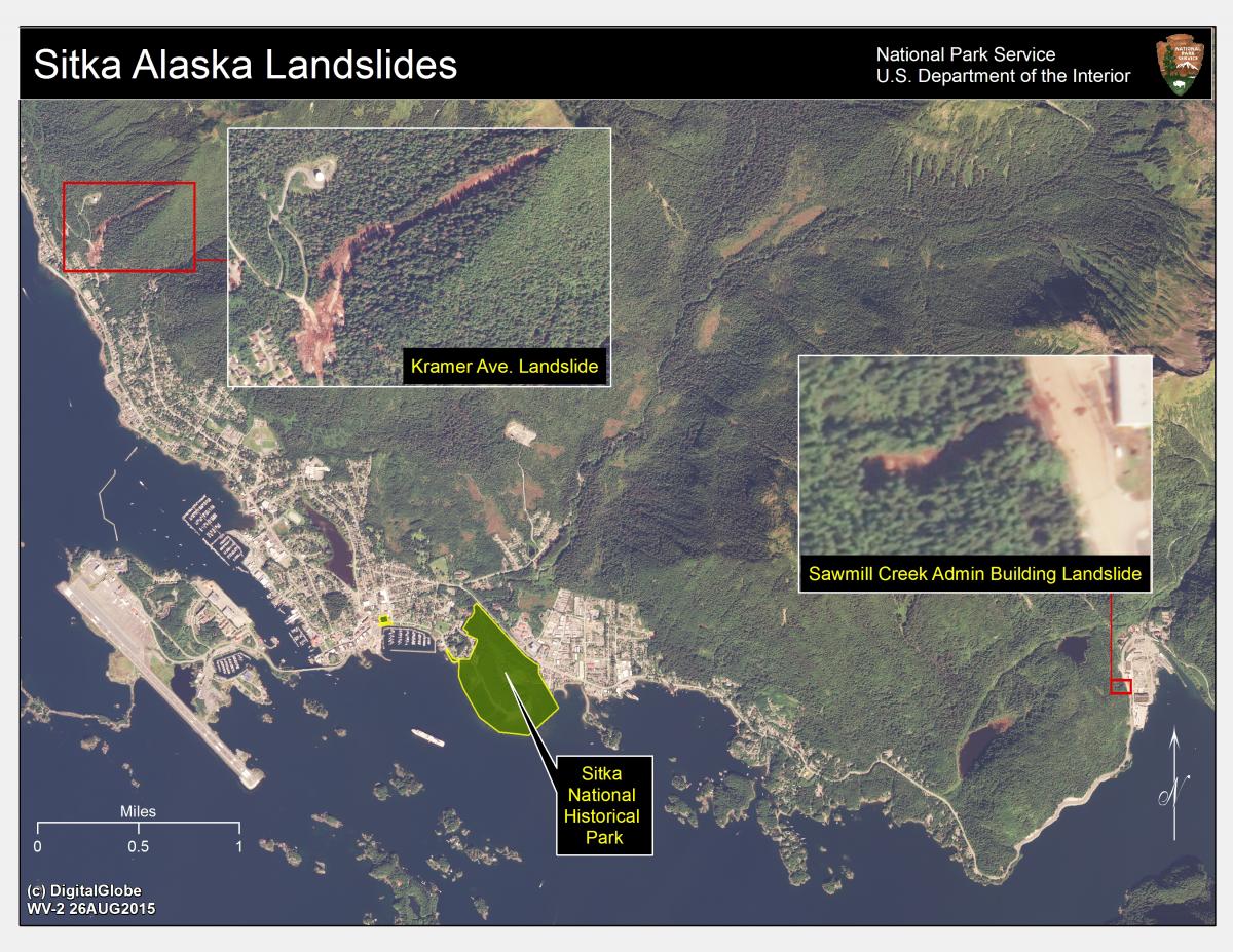 Locations of landslides around Sitka, Alaska, August 18, 2015.