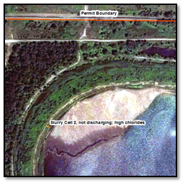 Figure 2. An example of a GPS point in orange, and labels (captured with a Samsung Galaxy Tab® tablet with a GPS application) acquired during a field inspection. The high-resolution WorldView-2 imagery indicates the location of the discharge point and coal washing waste pond in relation to each other at the mining site. For a more comprehensive look and analysis of the site, the graphic would be included in an inspection report. 