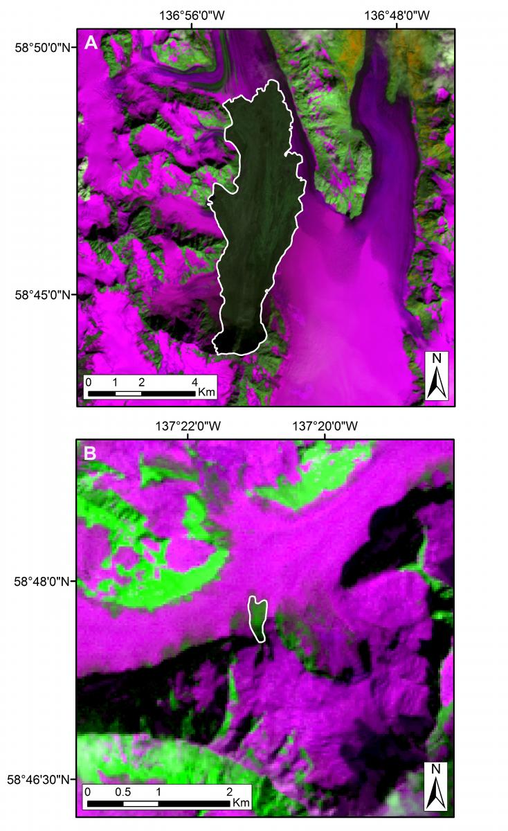 False-color composite Landsat images showing the (A) largest and (B) smallest mapped rock avalanches (outlined in white) in Glacier Bay National Park, Alaska, between 1984 and 2016. 