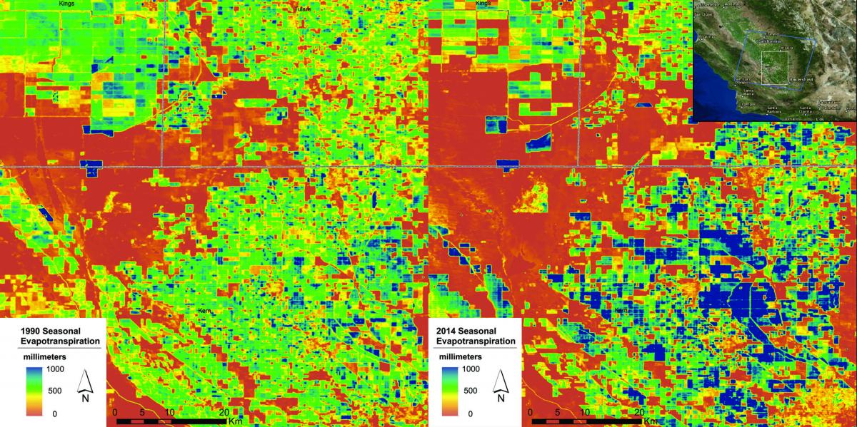 This pair of ET water-use maps shows crop water use in California’s San Joaquin Valley in 1990 (left) and 2014 (right). Comparing the maps reveals changes in irrigation patterns during this period. Notice, for example, that water use intensified in many places (increase in blue areas) and some irrigated lands (green in 1990) transitioned out of agricultural production (reddish brown) by 2014.