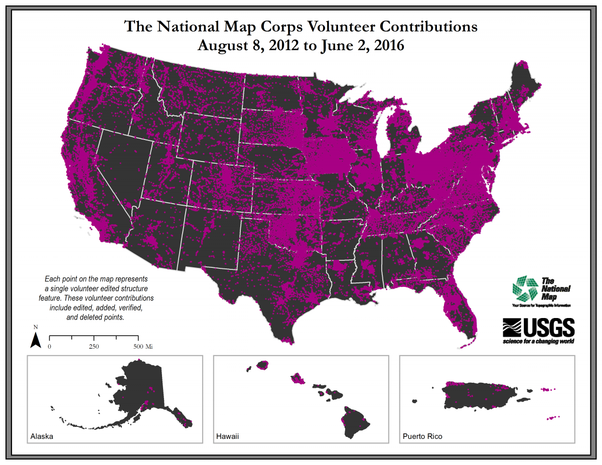 USGS TMNCorps volunteer contributions from August 8, 2012, to June 2, 2016.