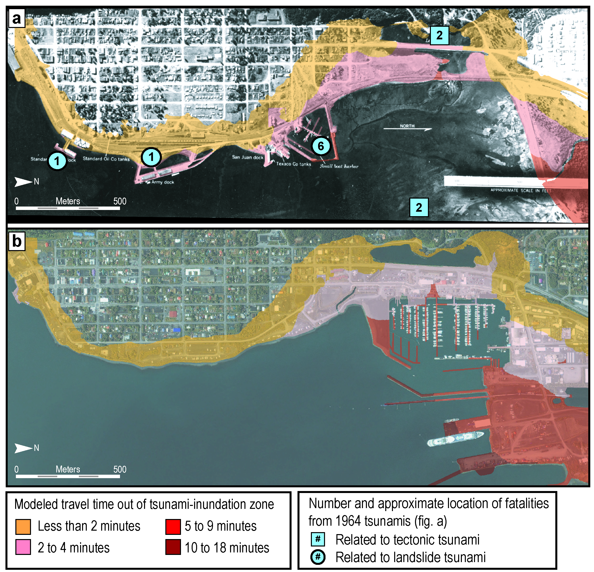 Maps of modeled evacuation travel times in downtown Seward, Alaska, assuming a slow running speed of 1.79 m/s based on (A) 1963 land cover and 1960 population distributions over a 1963 image of Seward and (B) modern day conditions over a 2005 image of Seward.