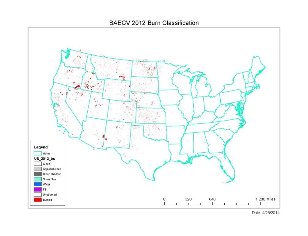 This map shows the 2012 annual summary of burned area extent for the conterminous United States as defined by the burned area essential climate variables (BAECV) product.