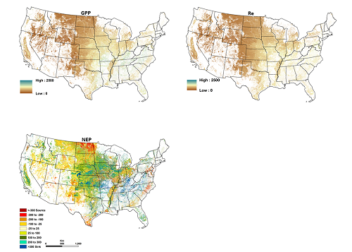 Mean gross primary production (GPP), ecosystem respiration (Re), and net ecosystem production (NEP) for 2000–2013 masked for grasslands, sagebrush-steppe ecosystems, and five crop types: alfalfa, corn, millet, soybean, and winter wheat.