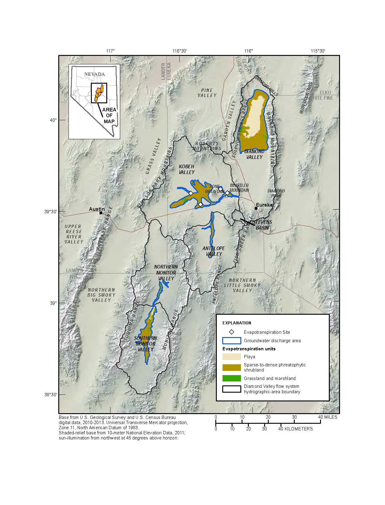 Map showing groundwater discharge areas and evapotranspiration units for various vegetation and soil conditions, Diamond Valley Flow System, Nevada.