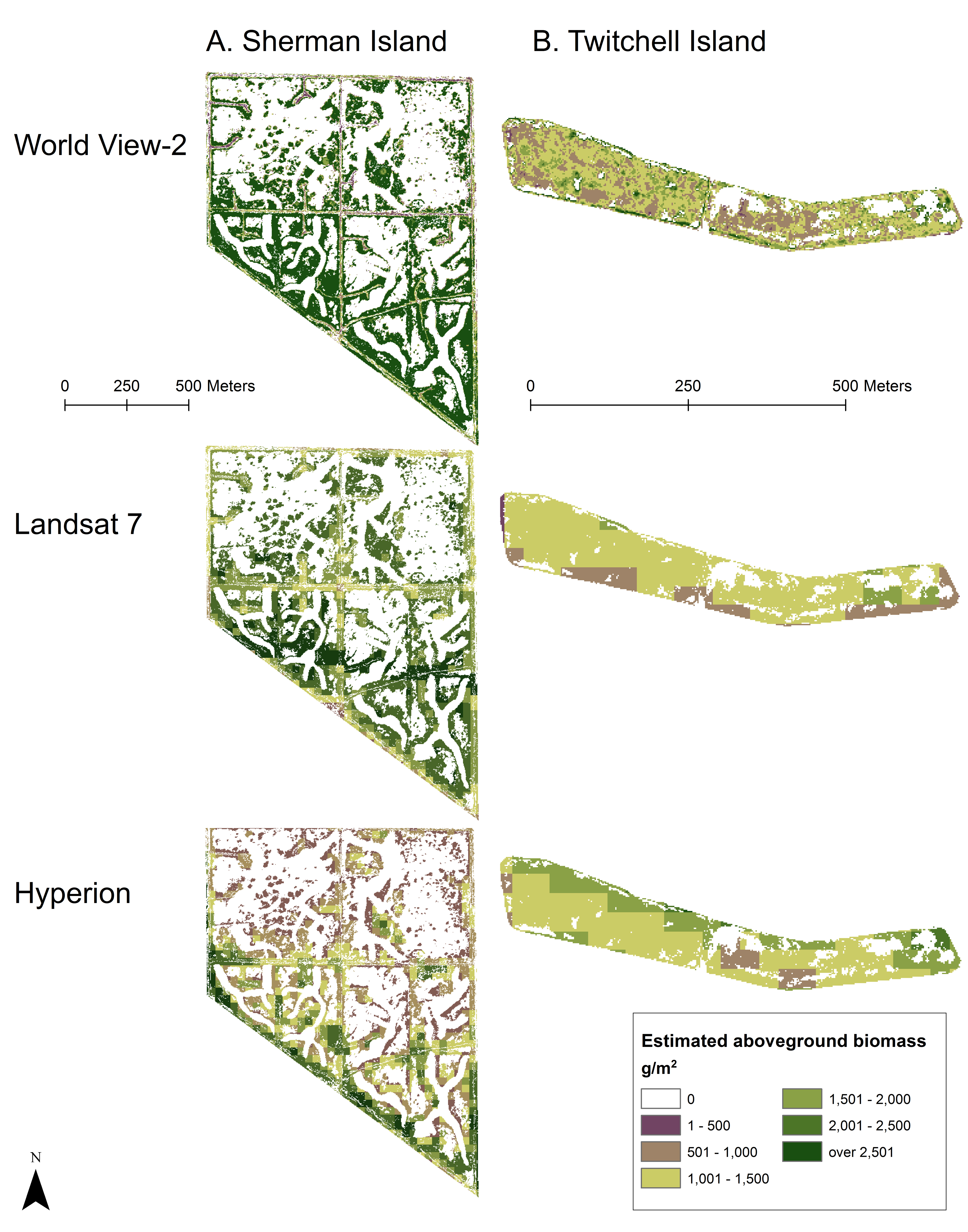 Maps of estimated biomass for late-summer Hyperion, Landsat 7, and WorldView-2 images for a) Sherman Island and b) Twitchell Island. Biomass was mapped for pixels classified as emergent marsh vegetation (Typha spp. and/or S. acutus) or plant litter.
