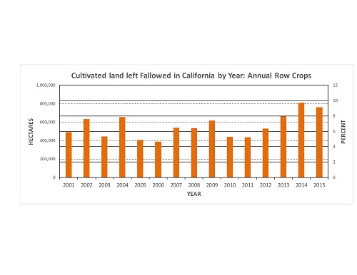 Percent of annual row crop (non-perennial) cultivated land left fallowed in California by year. 1 percent ~ 80,000 hectares.