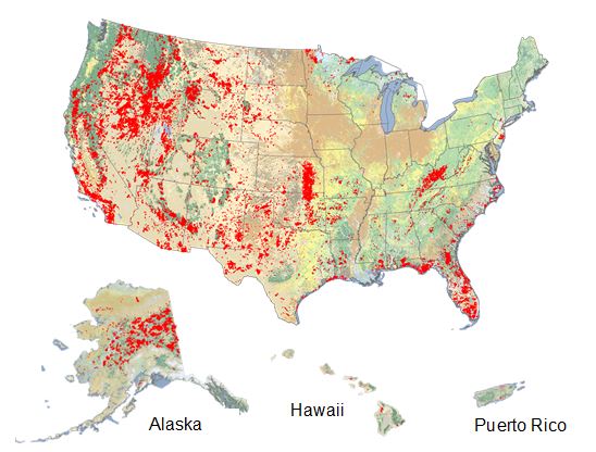 The red areas represent the almost 18,500 large fires mapped by the Monitoring Trends in Burn Severity project as of October 1, 2014. Large fires are defined as 500 acres in the eastern U.S., and 1000 acres in the west.