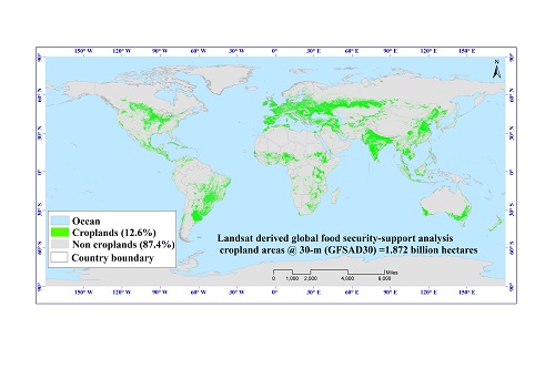 Global cropland extent map at 30-m resolution derived using Landsat 8 16-day time-series data for the nominal year 2015 (https://croplands.org/app/map).