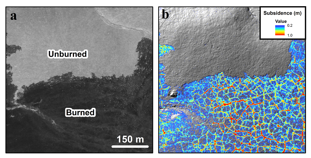 Postfire thermokarst following an arctic tundra fire in northern Alaska. (a) QuickBird image acquired the summer after a large and severe tundra fire showing burned versus unburned tundra. (b) Repeat lidar-derived subsidence image indicating degradation of ice-rich permafrost 7 years postfire.