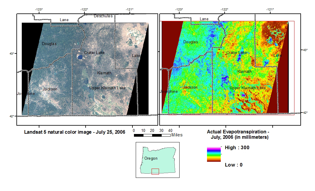 Landsat image of the Upper Klamath Basin, Oregon, and actual evapotranspiration for July 2006.