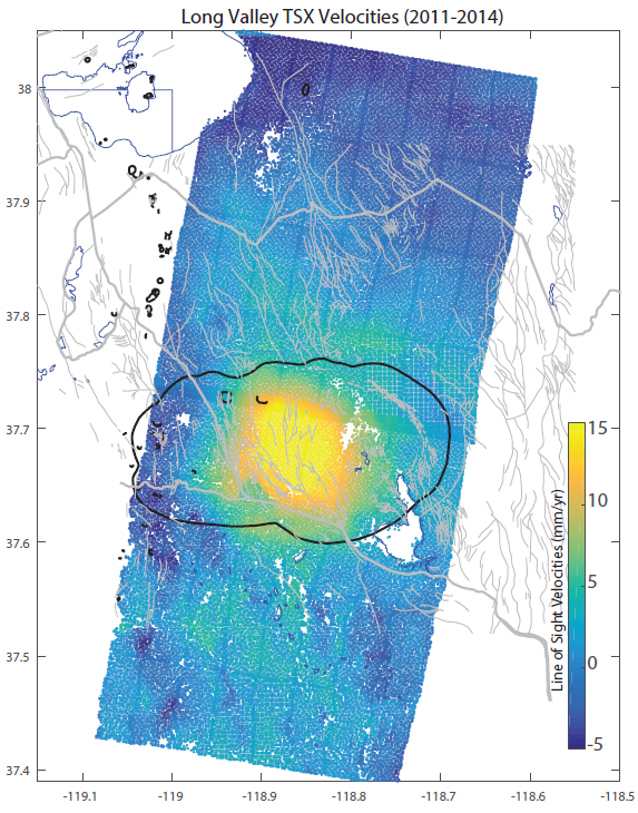 TerraSAR-X deformation velocities determined from 22 interferograms spanning 2011 to 2014. The line-of-sight velocities show inflation of up to 15 mm/yr under Long Valley's resurgent dome. For orientation, Mono Lake, California, is located in the northwest corner of the image, and north is at the top of the image.