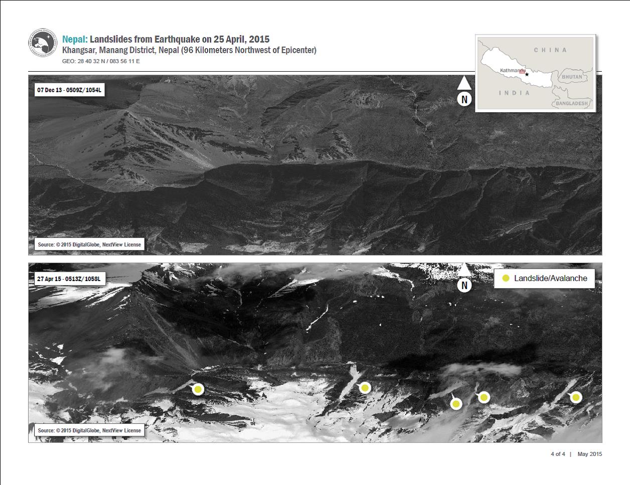 Landslide indicator map showing the locations of landslides as a result of the April 25, 2015, earthquake in Nepal. The imagery was provided through USGS to the users of the International Charter Space and Major Disasters.