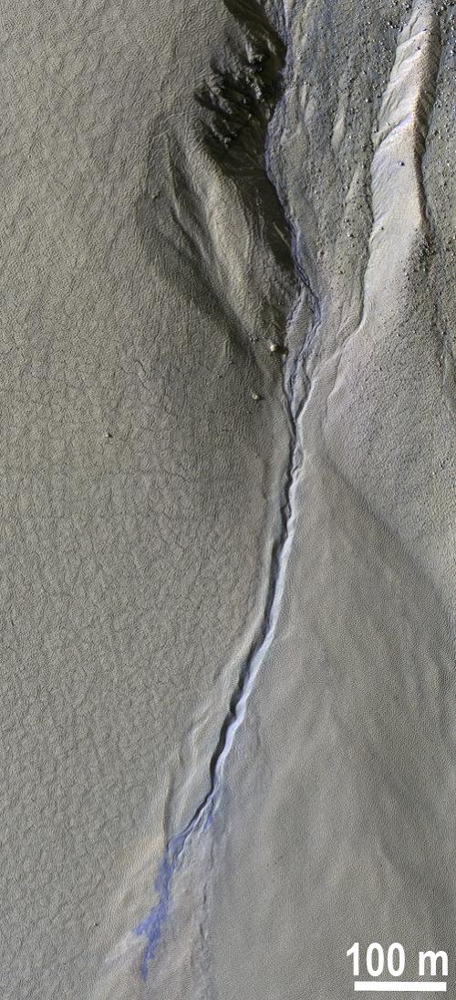Portion of HiRISE image ESP_038546_1250 showing new deposits of sand and dust (that appear blue in the enhanced color image) from a gully on Mars. These deposits are knocked loose by carbon dioxide and appear distinct because they are not yet covered by red dust.