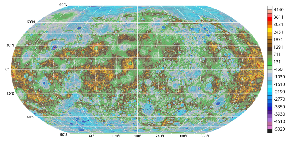 Color-coded shaded relief derived from the global DEM in a Robinson projection. Elevations are in meters relative to the reference radius 2,349.4 km. One degree of longitude at the equator is 42.6 km.
