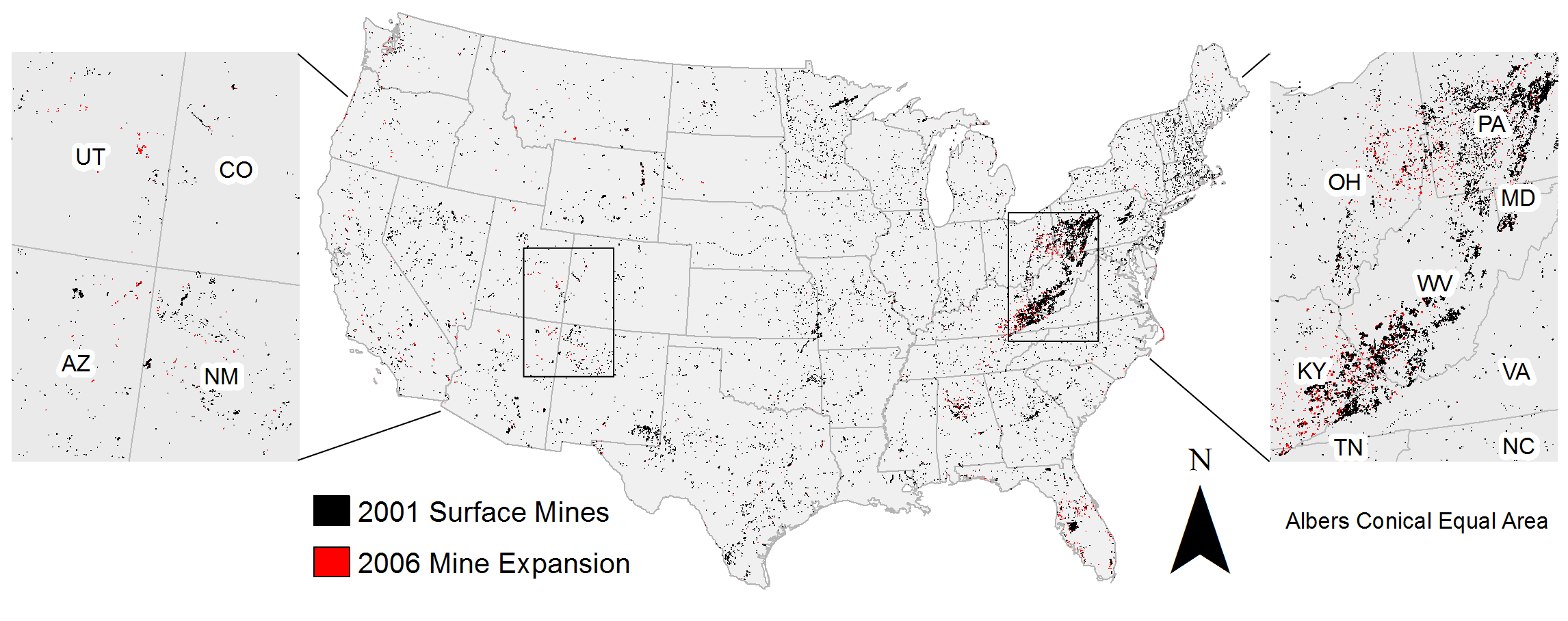 The 2001 and 2006 mines mapped within the conterminous United States.