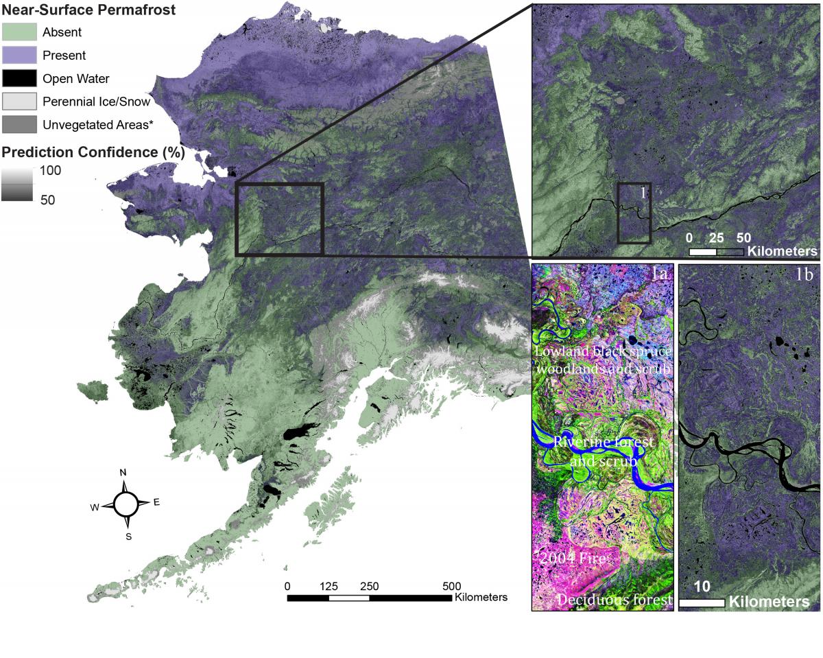 Near-surface permafrost (within 1 m of the surface) and prediction confidence for Alaska.