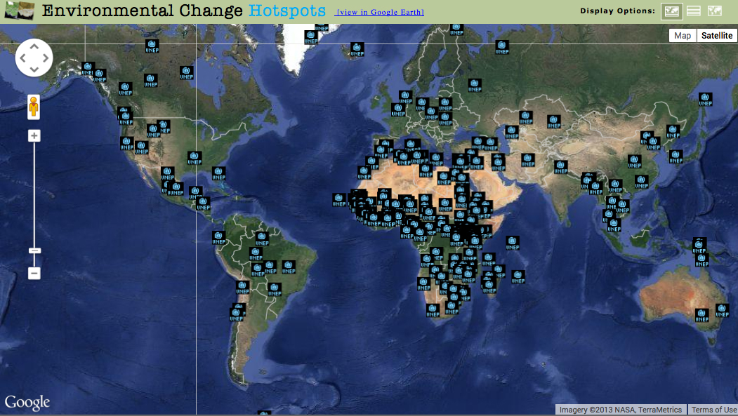 Screenshot of the environmental change hotspots page.  Source:  United Nations Environment Programme/Global Resource Information Database Web site 