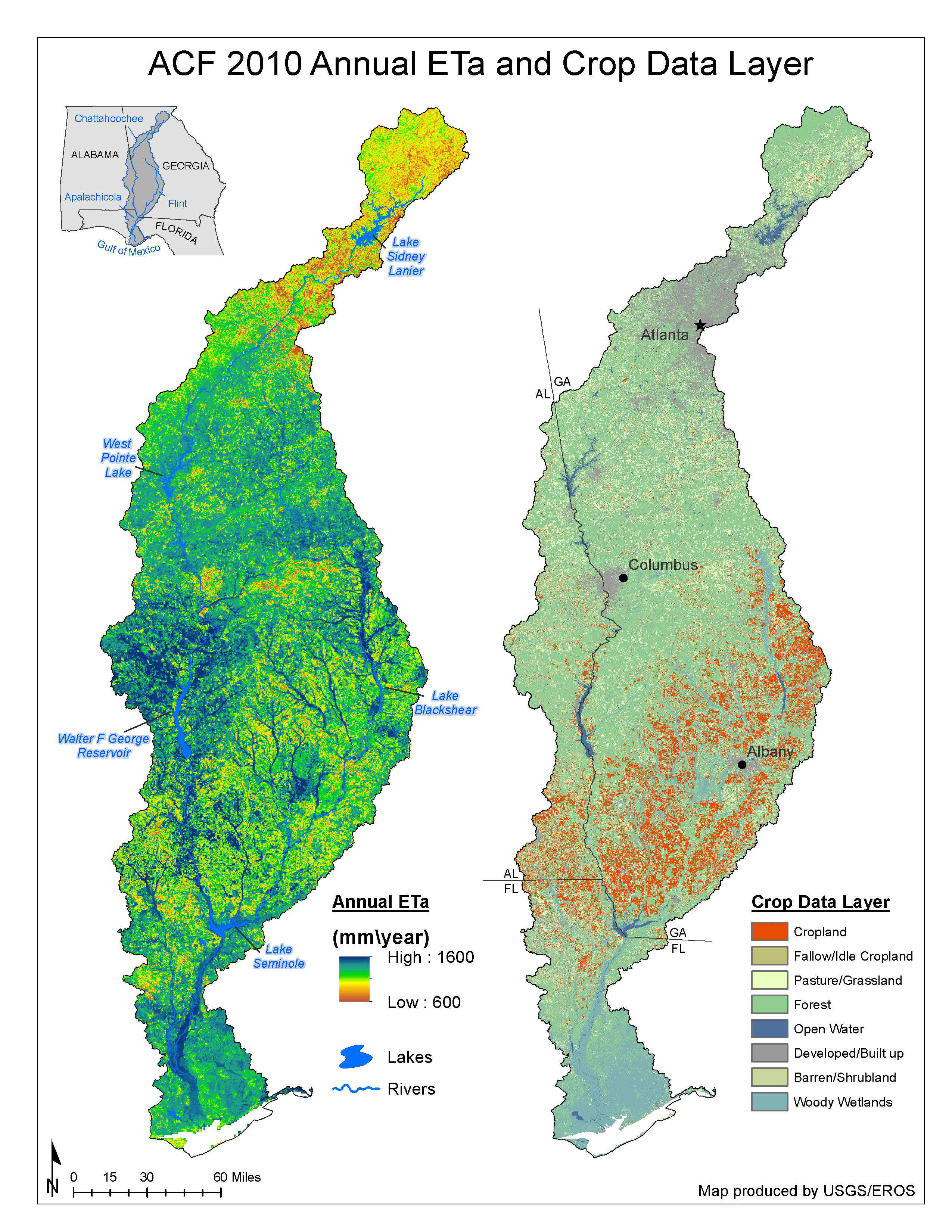 Annual evapotranspiration map and a crop data layer for 2010 in the Apalachicola-Chattahoochee-Flint River Basin.