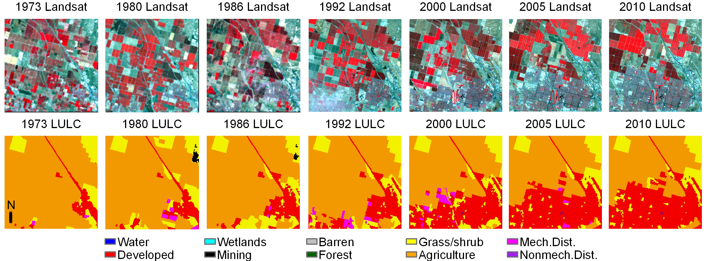 An example of seven dates of Landsat imagery and corresponding LULC data for a sample block located on the edge of Bakersfield, California. LULC maps not shown include 2006, 2007, 2008, and 2009.