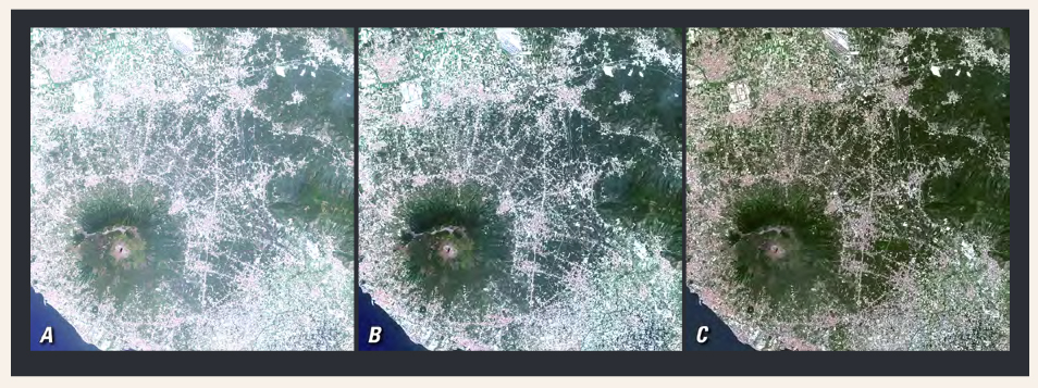 These subsets of a Landsat scene of Mount Vesuvius near Naples, Italy: (A) natural color composite; (B) top-of-atmosphere reflectance product; and (C) surface reflectance product. Source: Landsat 8 Operational land Imager (OLI) Path 189, Row 32, acquired May 29, 2013. 
