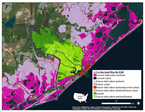 Tidal saline wetland migration and barriers expected for a 1.2-m sea-level rise by 2100 near Freeport, Texas. This study focused solely on assessing the area available for landward migration of tidal saline wetlands (depicted in light purple) and did not make any predictions regarding the ability of existing tidal saline wetland (depicted in magenta) to keep pace with sea-level rise via vertical accretion.