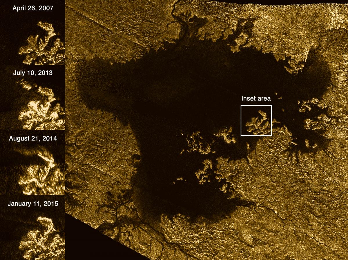 Cassini synthetic aperture radar image of the north pole of Saturn’s moon Titan.  The dark feature is Ligeia Mare, a 400-km-wide sea of liquid hydrocarbons.  The inset shows the so-called “magic island,” which appeared in 2013 and then vanished again.  A variety of explanations for the transient feature have been considered, but the most likely is that it was a “glint” off a patch of waves on the sea surface caused by local winds. The inset box is 70 km on a side, centered approximately 77°N, 247°W.