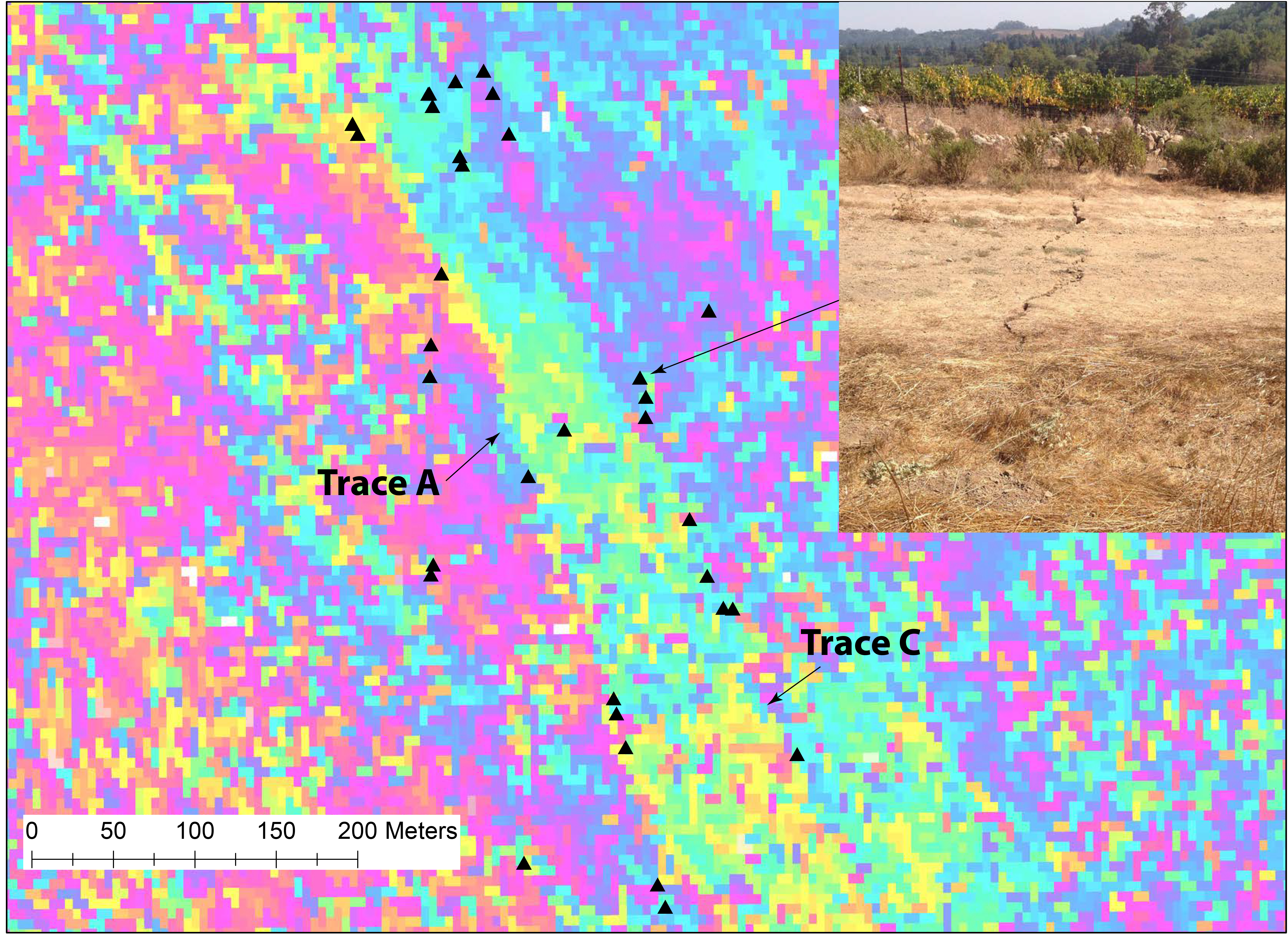 Portion of UAVSAR interferogram (Line 23511) near the northern end of the South Napa earthquake rupture zone, showing lineaments associated with the principal fault trace (Trace A), where the largest displacements and postseismic slip was observed, and a secondary trace (Trace C). Triangles are field locations where ground cracks have been observed. UAVSAR imagery was instrumental in directing field crews to locations where small-displacement faulting could be documented (photo; 6 cm dextral slip on Trace C).
