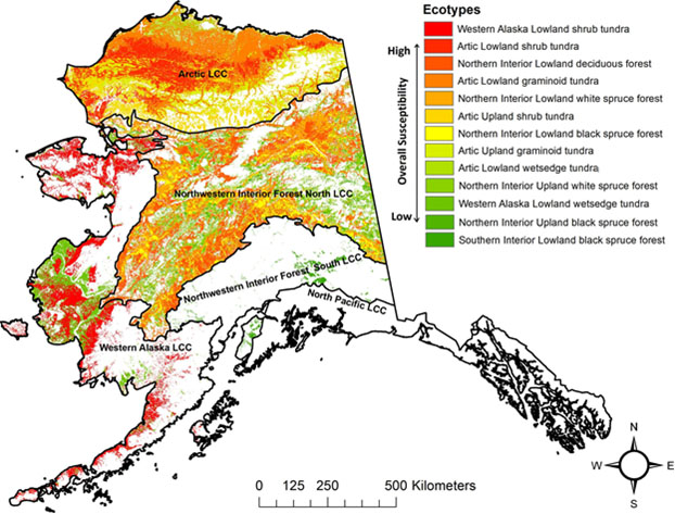 Overall soil susceptibility index (based on greenhouse gas emission, burning, and permafrost thaw) for major Alaska ecotypes.  White areas on the map have low susceptibility.