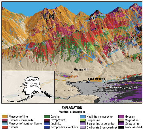 Regional mineral classification map overlaying a digital elevation model of the Orange Hill area, Wrangell–St. Elias National Park and Preserve, Alaska. Colors represent the spectrally dominant minerals. Data collected at 6-m spatial resolution.