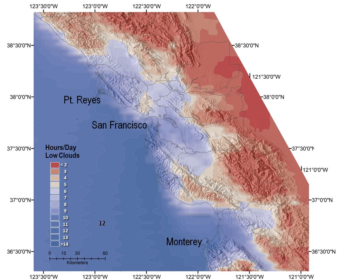 Contour map of average hours per day of summertime coastal fog in the San Francisco Bay area derived from more than 30,000 hourly weather satellite images over nine summers (June, July, August, and September, 1999–2009).