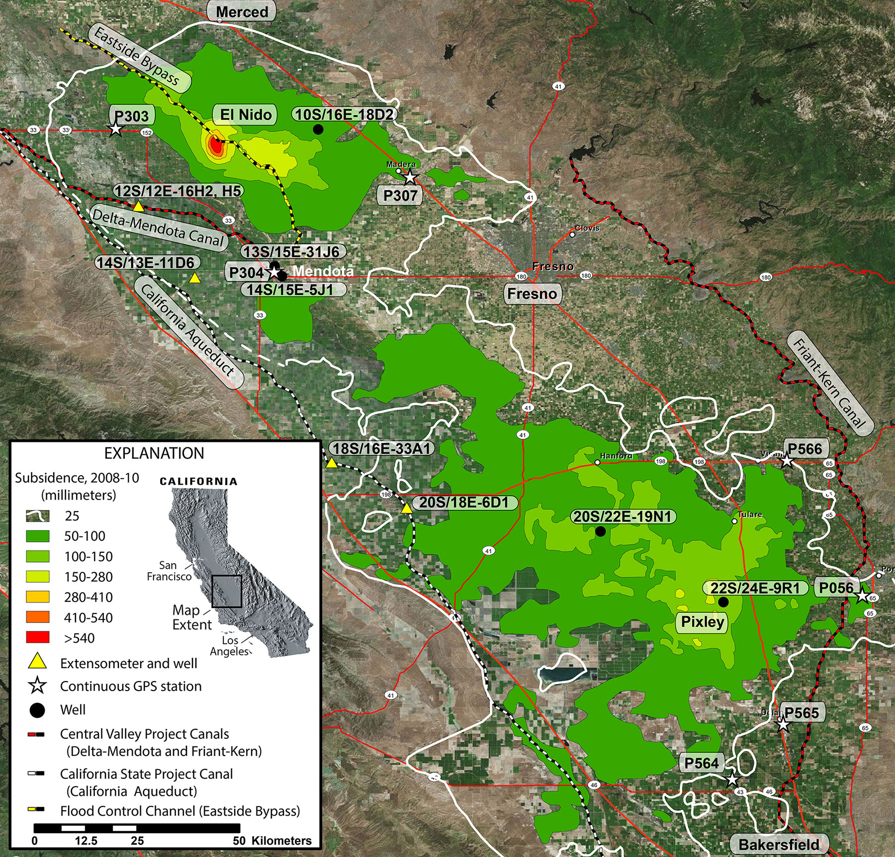 Subsidence contours derived from interferograms generated from the Advanced Land Observing Satellite (ALOS) and the Environmental Satellite (ENVISAT) showing subsidence in the San Joaquin Valley, California, during 2008–2010. North is oriented toward the top of the image.